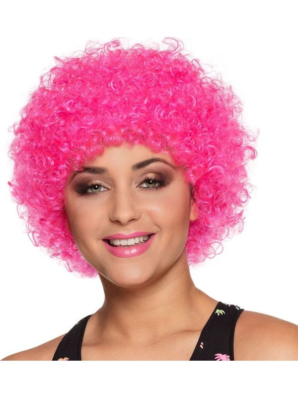 Poppy Afro Pruik Neon Roze