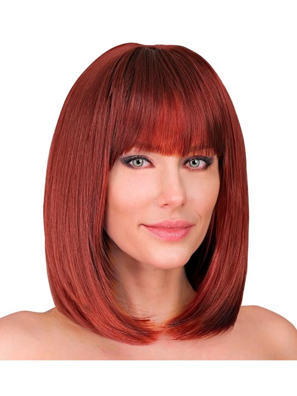 Pruik Lange Boblijn Pony Bordeaux Rood Dames Carnaval