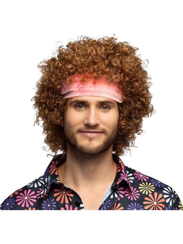 Retro Groove Heren Pruik Krullen met Hoofdband Bruin