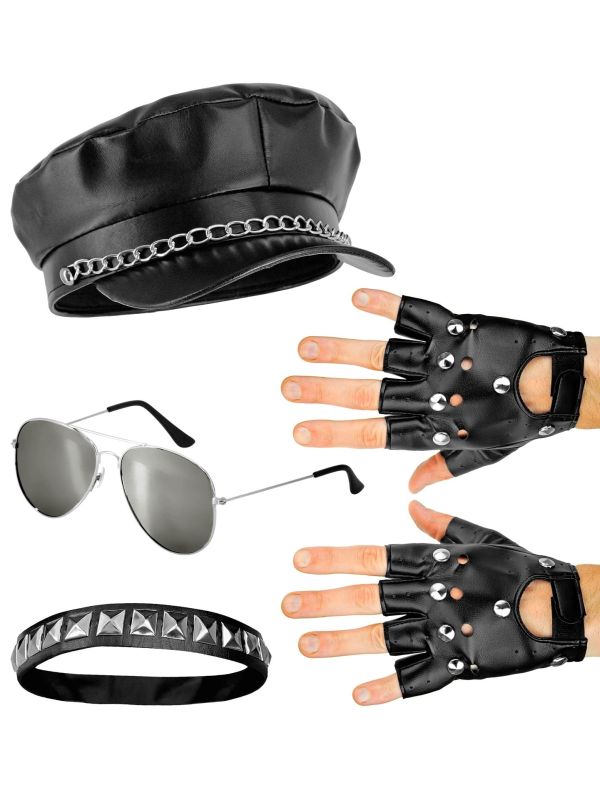 Rocker Accessoireset met Hoed Choker Handschoenen en Bril