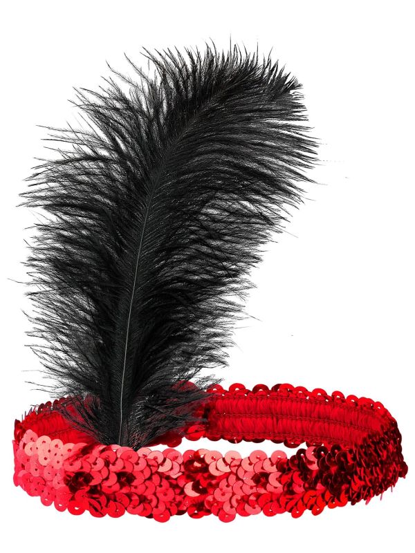 Rode Jaren 20 Pailletten Hoofdband met Veer