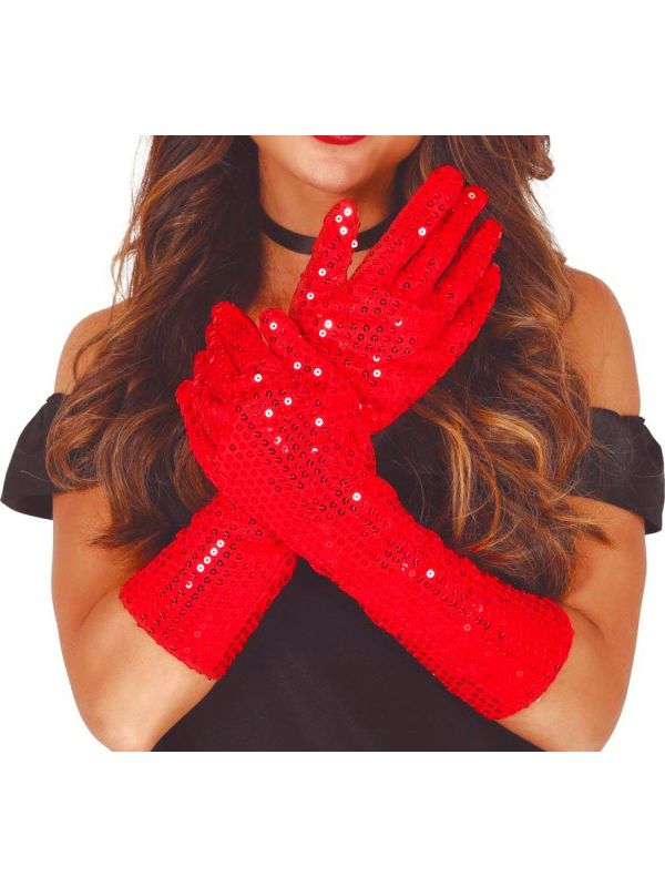 Rode Lange Pailletten Handschoenen