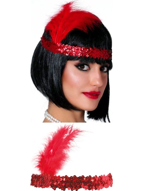 Rode Pailletten Hoofdband met Veer