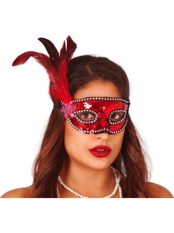Rode Pailletten Oogmasker met Veren