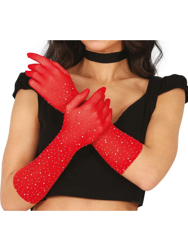 Rode Visnet Handschoenen Rijnstenen 30cm Dames