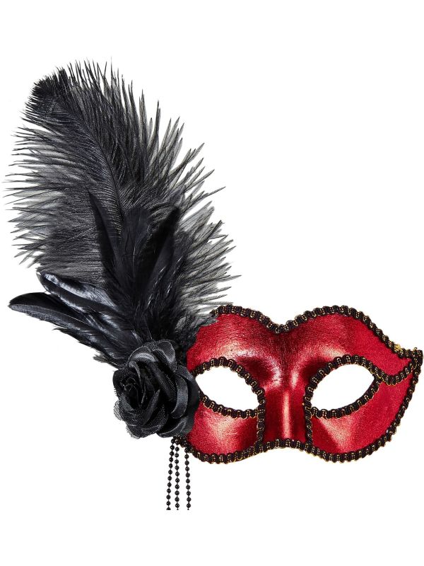 Rood Venetiaans Oogmasker met Roos en Veren
