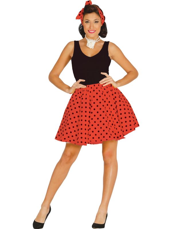 Rood Zwarte Retro 50's Polkadot Rok met Hoofdsjaal Dames