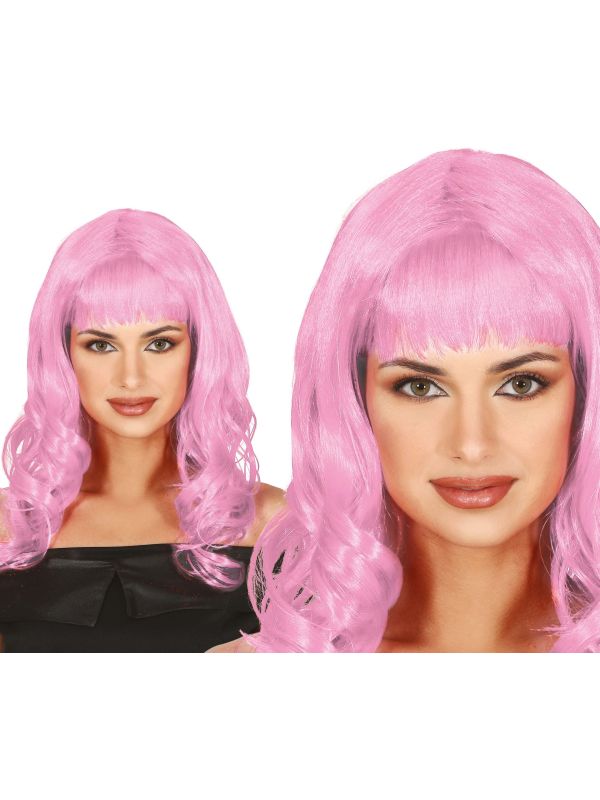 Roze Dames Pruik Lang Krullend met Pony