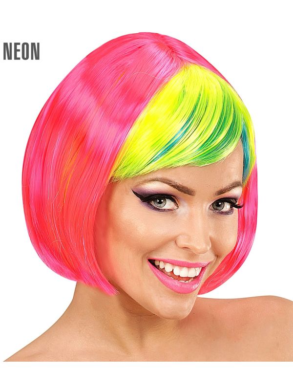 Roze Disco Pruik met Groene Pony
