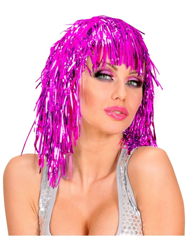 Roze Disco Tinsel Pruik