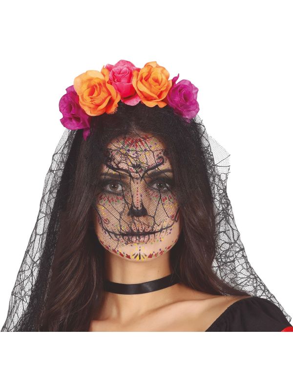 Roze en Oranje Rozen Haarband met Kanten Sluier