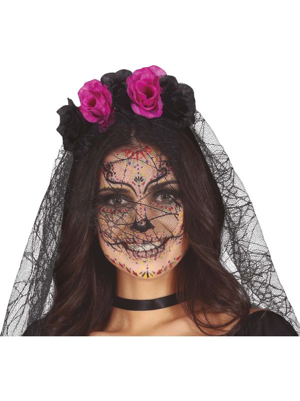 Roze en Zwarte Rozen Haarband met Kanten Sluier