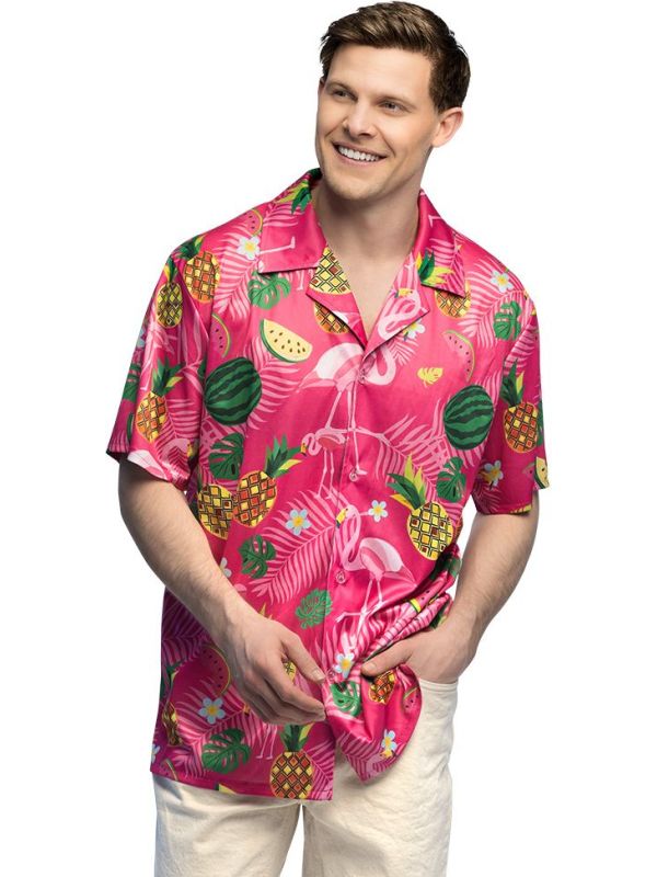 Roze Hawaii Blouse Ananas Watermeloen Heren Flamingo