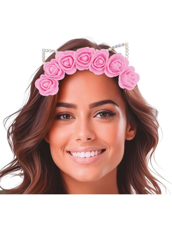 Roze Kattenoren met Bloemen Haarband Dames