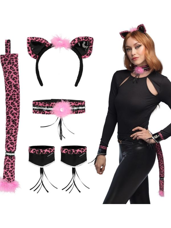 Roze Luipaard Accessoireset Dames 5-Delig