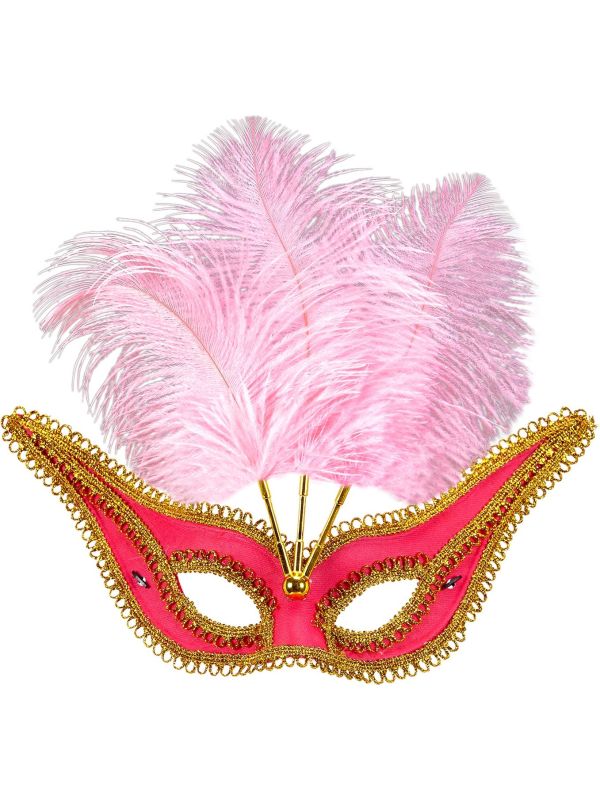 Roze Oogmasker met Gouden Rand en Veren