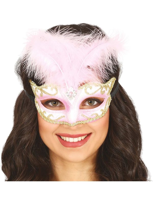 Roze Wit Venetiaans Masker met Veer