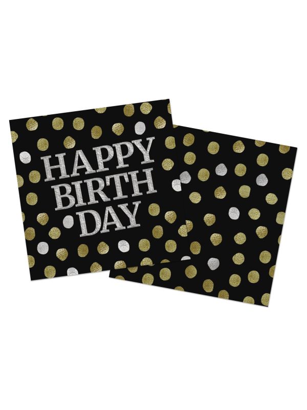 Servetten Glossy Black Happy Birthday 20 Stuks