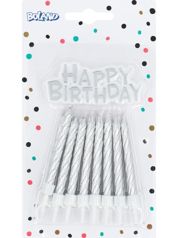 Set Van 16 Zilveren Kaarsjes met 'Happy Birthday' Topper