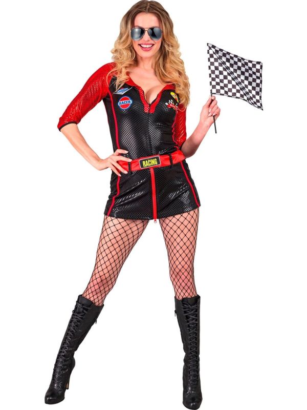 Sexy Race Coureur Kostuum Zwart Rood Dames