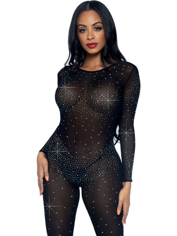 Sexy Sheer Diamond Catsuit Zwart