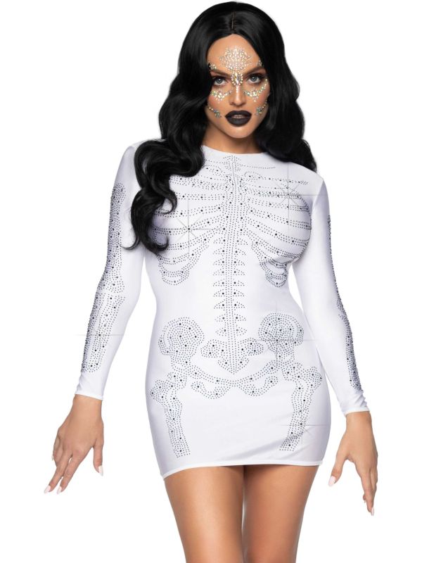 Sexy Strass Skelet Jurkje Wit