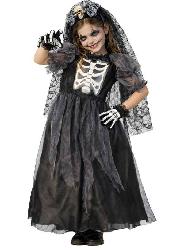 Skelet Bruid Jurk Meisjes Zwart Halloween met Sluier