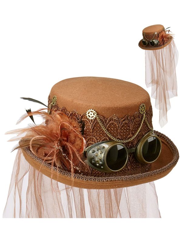 Steampunk Hoed met Sluier Bruin