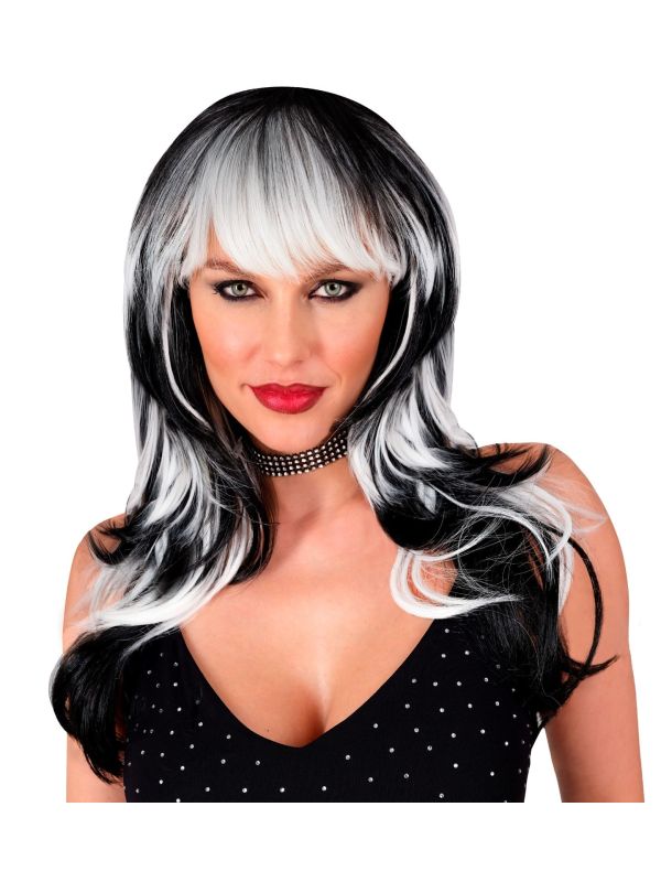 Vampier Pruik Lang Zwart Wit Halloween Dames