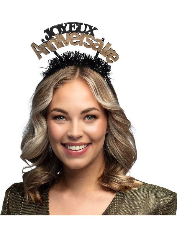 Verjaardag 'Joyeux Anniversaire' Diadeem Zwart/Goud