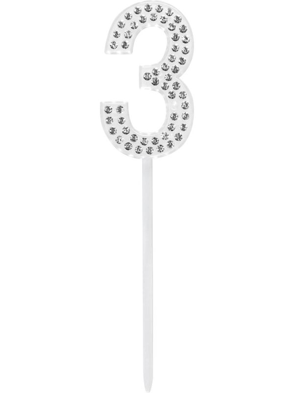 Verjaardag Taarttopper Diamant Cijfer 3 Zilver