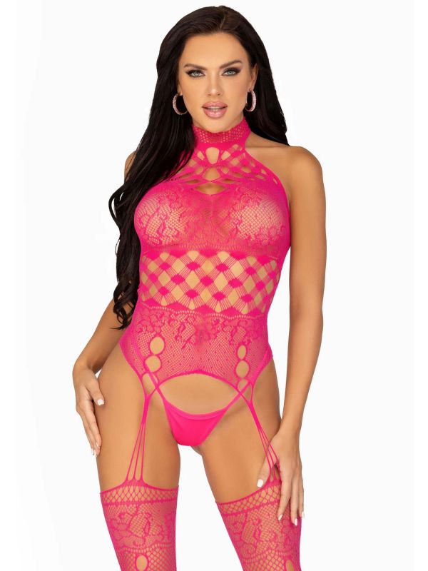 Verleidelijke High Neck Kant Bodystocking met Frambozenmotief