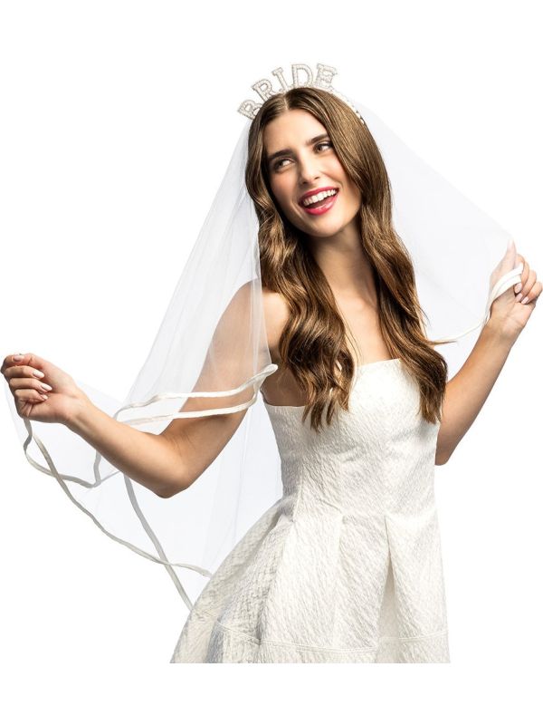 Vrijgezellenfeest Tiara 'Bride' met sluier Wit