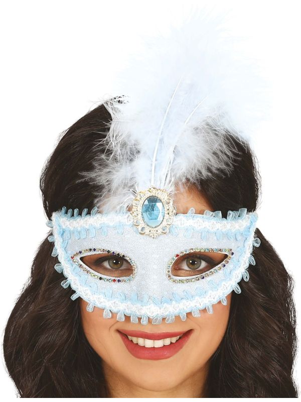 Wit Blauw Venetiaans Masker met Veer