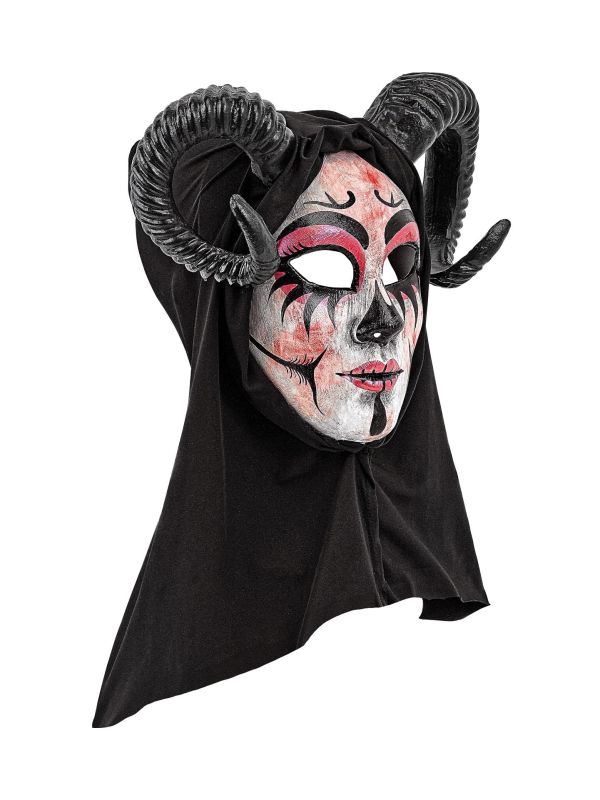 Wit Demonen Masker met Hoorns en Zwarte Kap