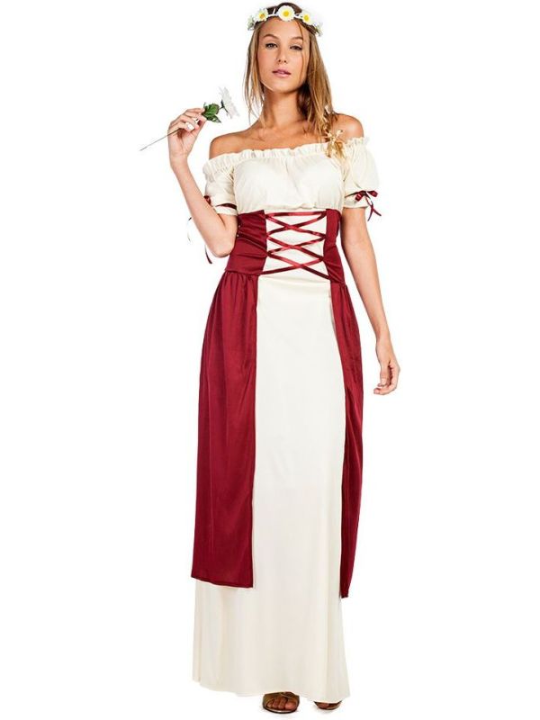 Wit Rode Middeleeuwse Damesjurk met Bloemenkroon