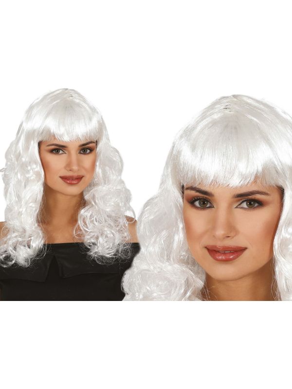 Witte Dames Pruik Lang Krullend met Pony