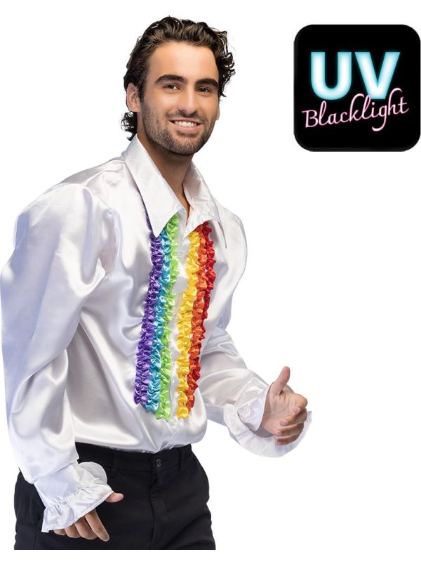 Witte Disco Blouse Heren met Regenboog Ruches