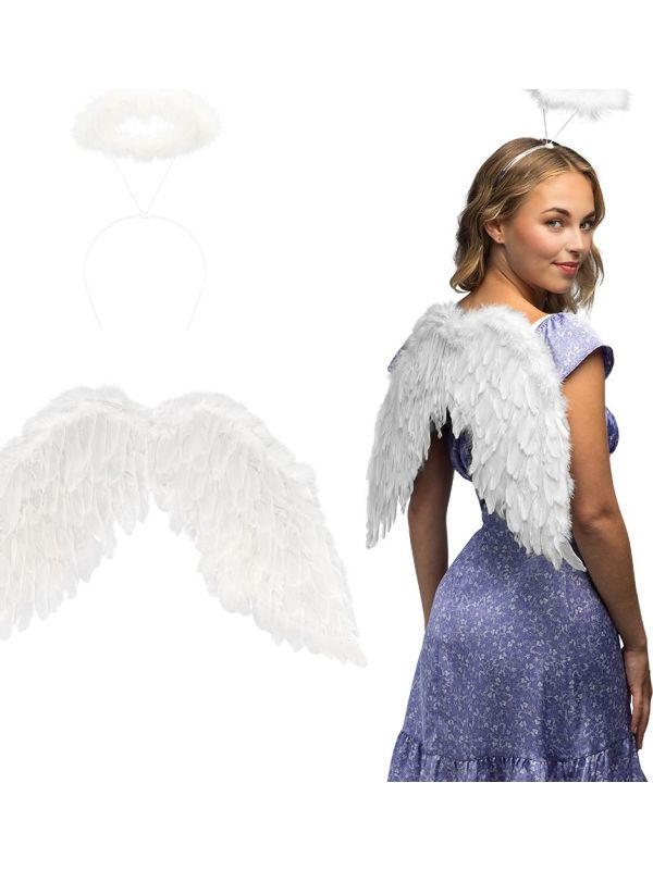 Witte Engelen Vleugelset met Halo Dames 2-Delig