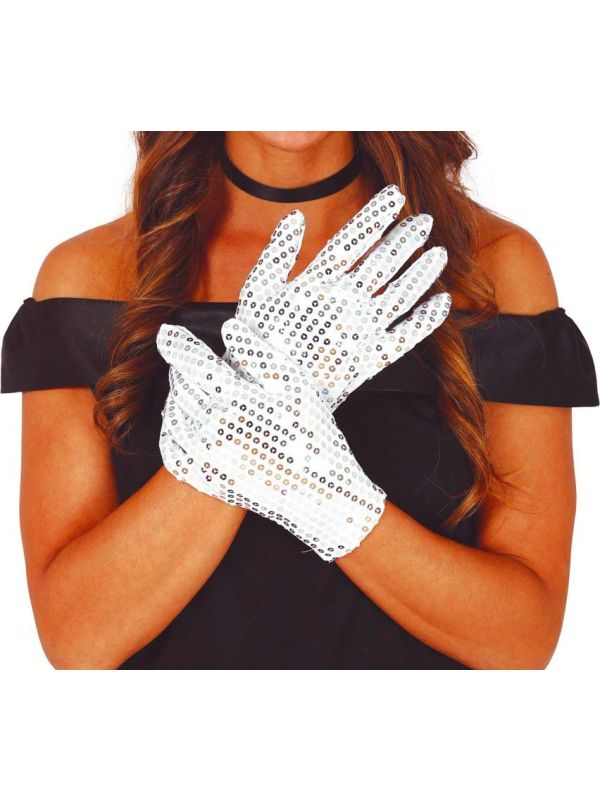 Witte Korte Pailletten Handschoenen