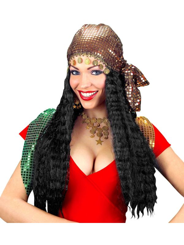 Zigeunerin Pruik Zwart met Hoofddoek