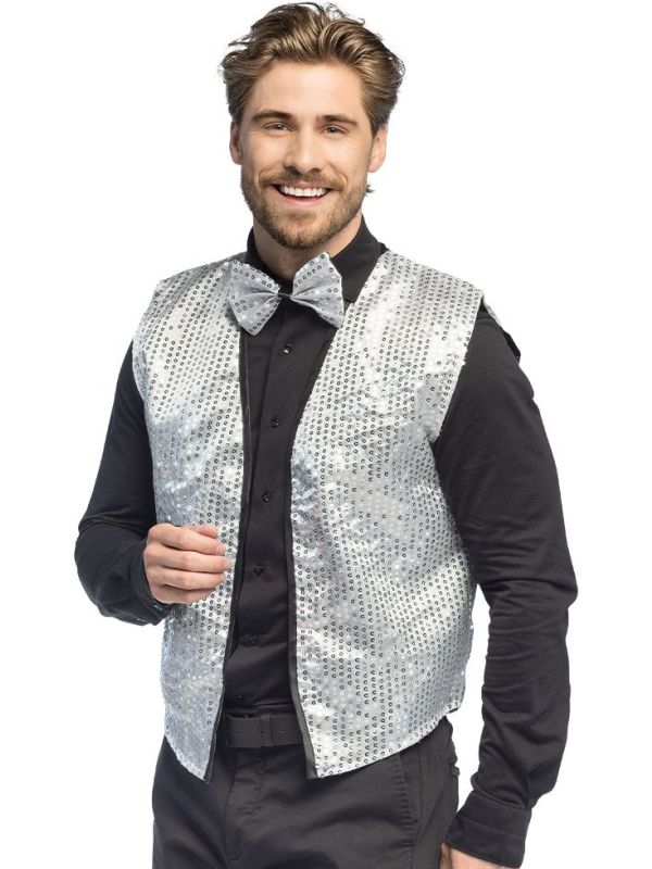 Zilver Glitter Kostuumset Heren Met Gilet En Vlinderstrik