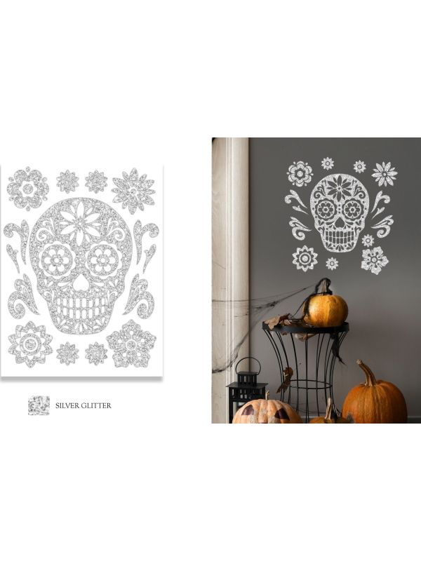 Zilveren Glitter Muursticker Doodskop