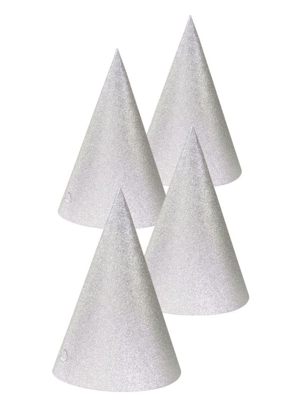 Zilveren Glitter Verjaardag Punthoedjes 4 Stuks
