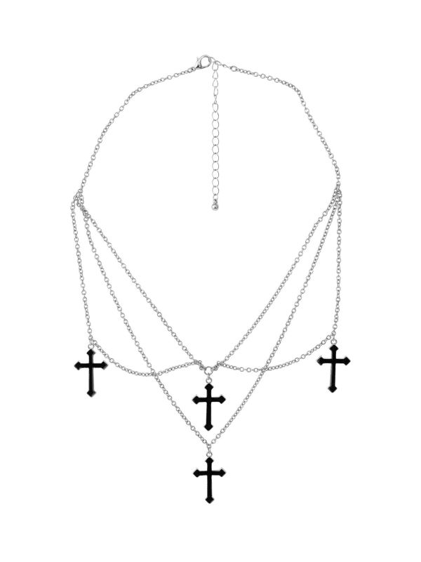 Zilveren Ketting met Kruizen Zwart Gothic