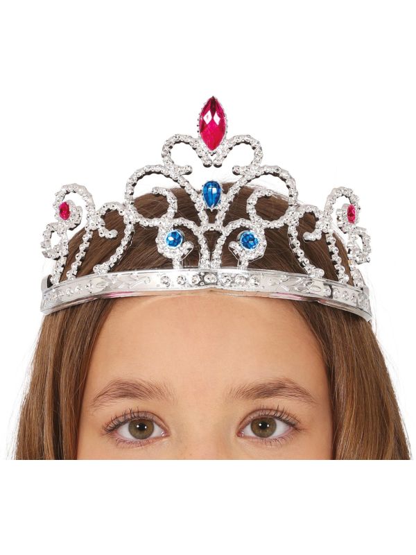 Zilveren Prinsessen Tiara met Rode en Blauwe Edelstenen Kinderen