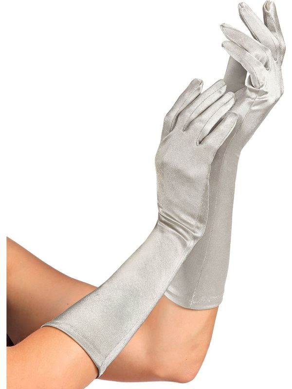 Zilveren Satijnen Middellange Handschoenen