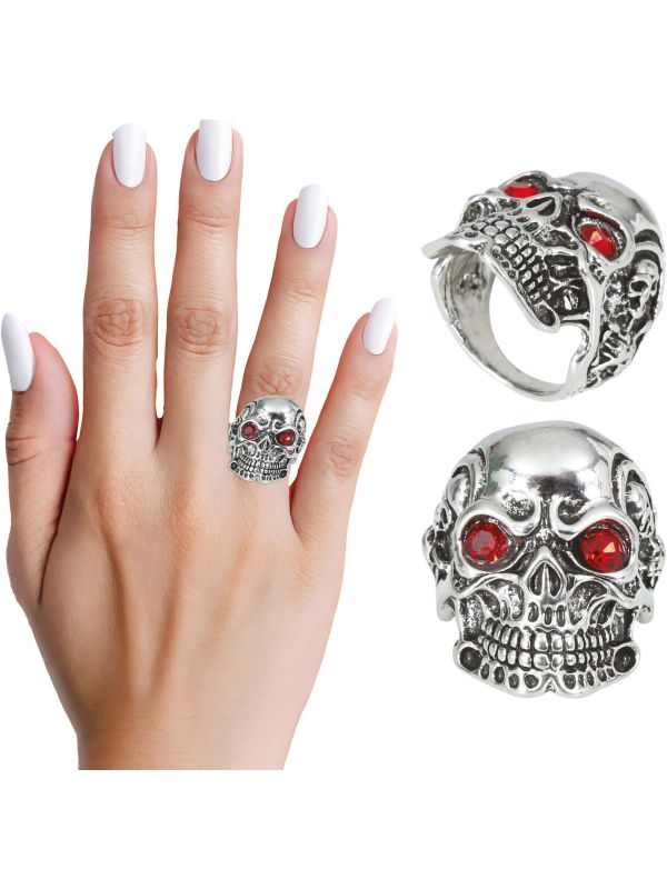 Zilveren Schedel met Rode Ogen Ring