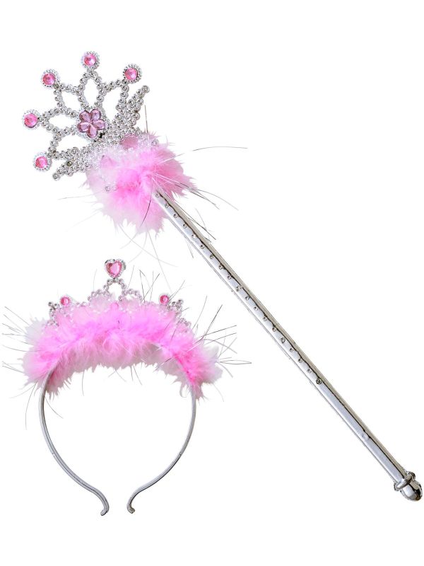 Zilveren Tiara en Staf met Roze Juwelen en Marabou