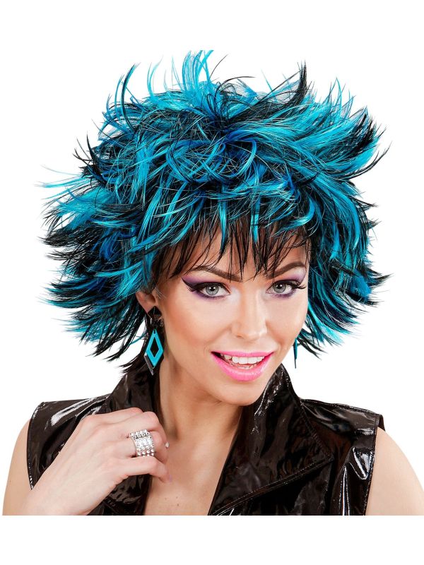 Zwart-Blauwe Wilde Disco Pruik